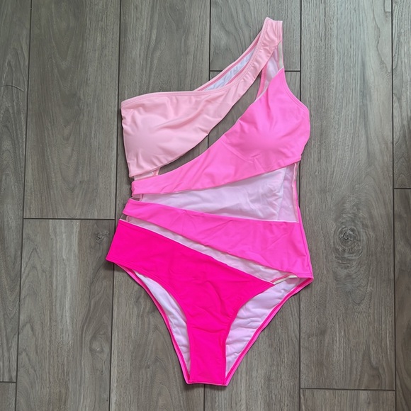 NEW Color Block One Shoulder Mesh Insert One Piece Swimsuit - Picture 2 of 11